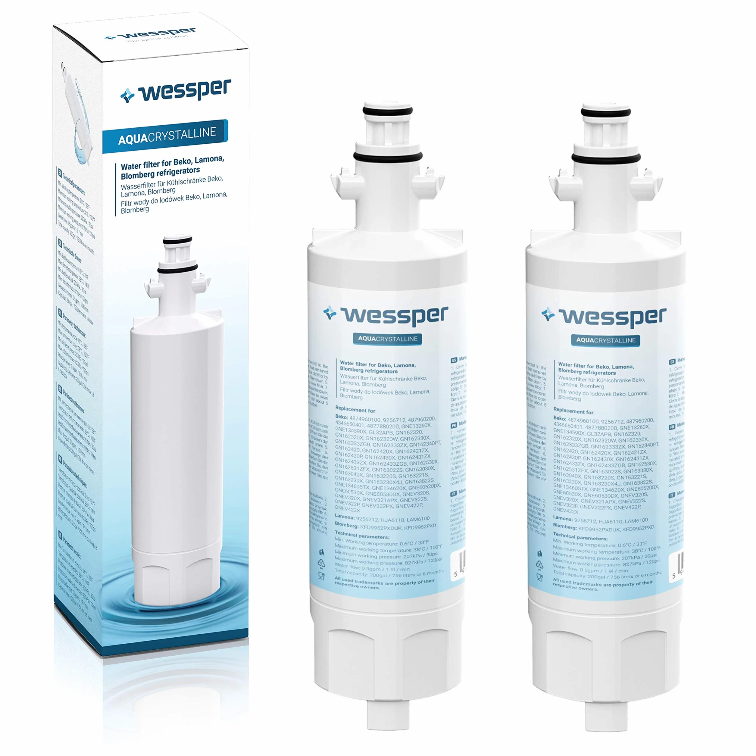 Wessper 2x 4874960100 Gefrier-Kühlschrank Wasserfilter Ersatz kompatibel mit Beko 4874960100 4394650100, 9256712, SBS4K; Blomberg IWD1004ET, KFD9952PXDUK; Grundig 487960000; Lamona LAM6100 HJA6110