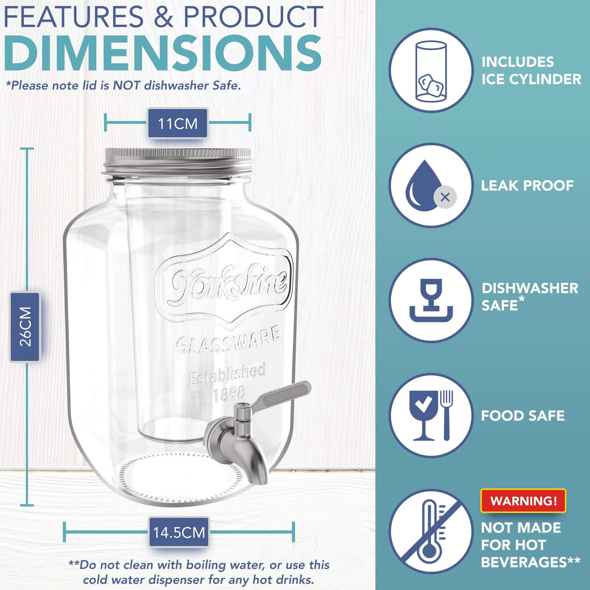 HEFTMAN Getränkespender aus Glas mit Zapfhahn – 3,7 Liter Mason Jar Getränkespender mit auslaufsicherem Edelstahlhahn & Eiszylinder Kühlschrank Wasserspender, Punsch, Cocktails, leerer Getränkespender