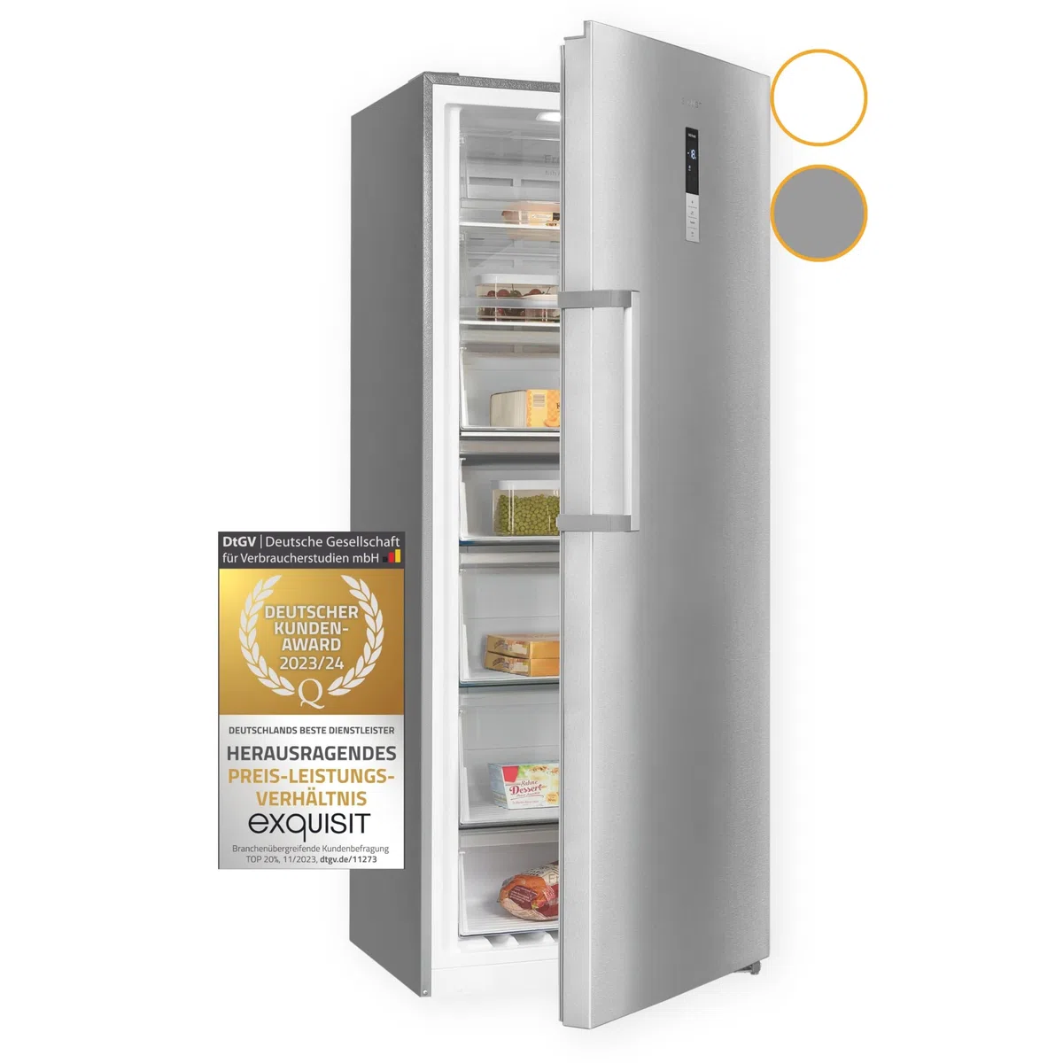 Exquisit Gefrierschrank GS380-NF-H-050D Inoxlook - 380 L No Frost | Großer Gefrierschrank mit LED-Beleuchtung - 4 Sterne Gefrierleistung - 39 dB - Tür-Alarm - Energieeffizienzklasse D