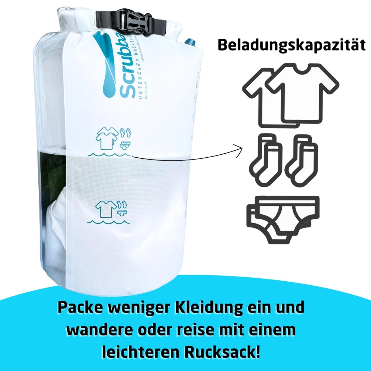 Scrubba UNTOUCHED Waschbeutel – Manuelle Reise-Handwaschmaschine ohne Strom – Ultraleicht & umweltfreundlich – Ideal für Camping Outdoor, unterwegs & Babywäsche – Faltbar – 150g