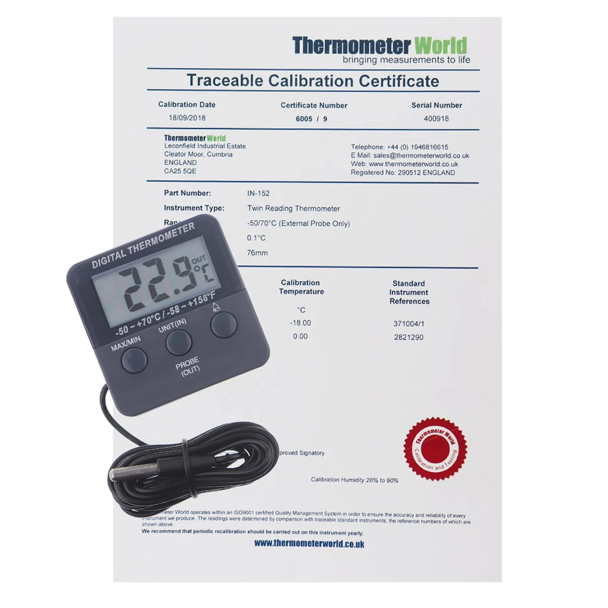 Kalibriertes Digital-Kühl-/Gefrierschrank-Thermometer mit nachverfolgbarem 2-Punkte-Kalibrierungszertifikat