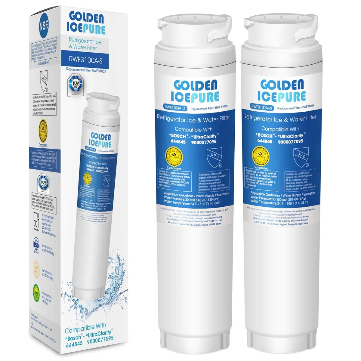 GOLDEN ICEPURE Kühlschrank Wasserfilter kompatibel mit Bosch Ultra Clarity 644845, Siemens Neff Miele 740560 00740560 9000194412 REPLFLTR10; Haier 0060820860 0060218743,2 Stück