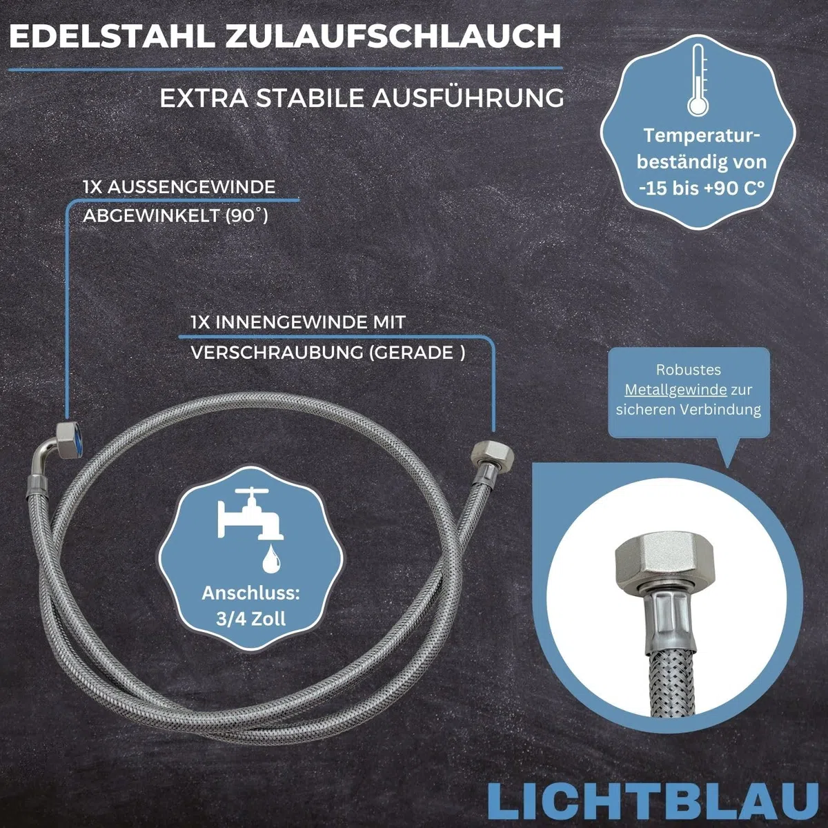 LICHTBLAU Knickfester Edelstahlschlauch Zulaufschlauch I 1m I 3/4 Zoll | Panzerschlauch für Waschmaschine & Geschirrspüler, Winkel/Gerade inkl. Dichtung