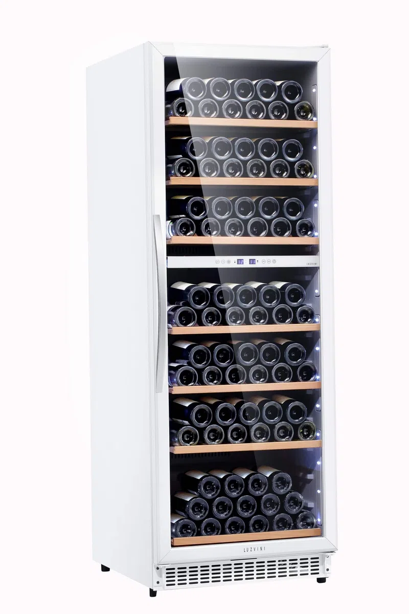 Große weiße LuzVini LV150W Einbau-Weinklimaschrank - Weinkühlschrank mit 2 Zonen - 150 Flaschen, Kompressorkühlung und ausschiebbare Regalen aus Buchenholz
