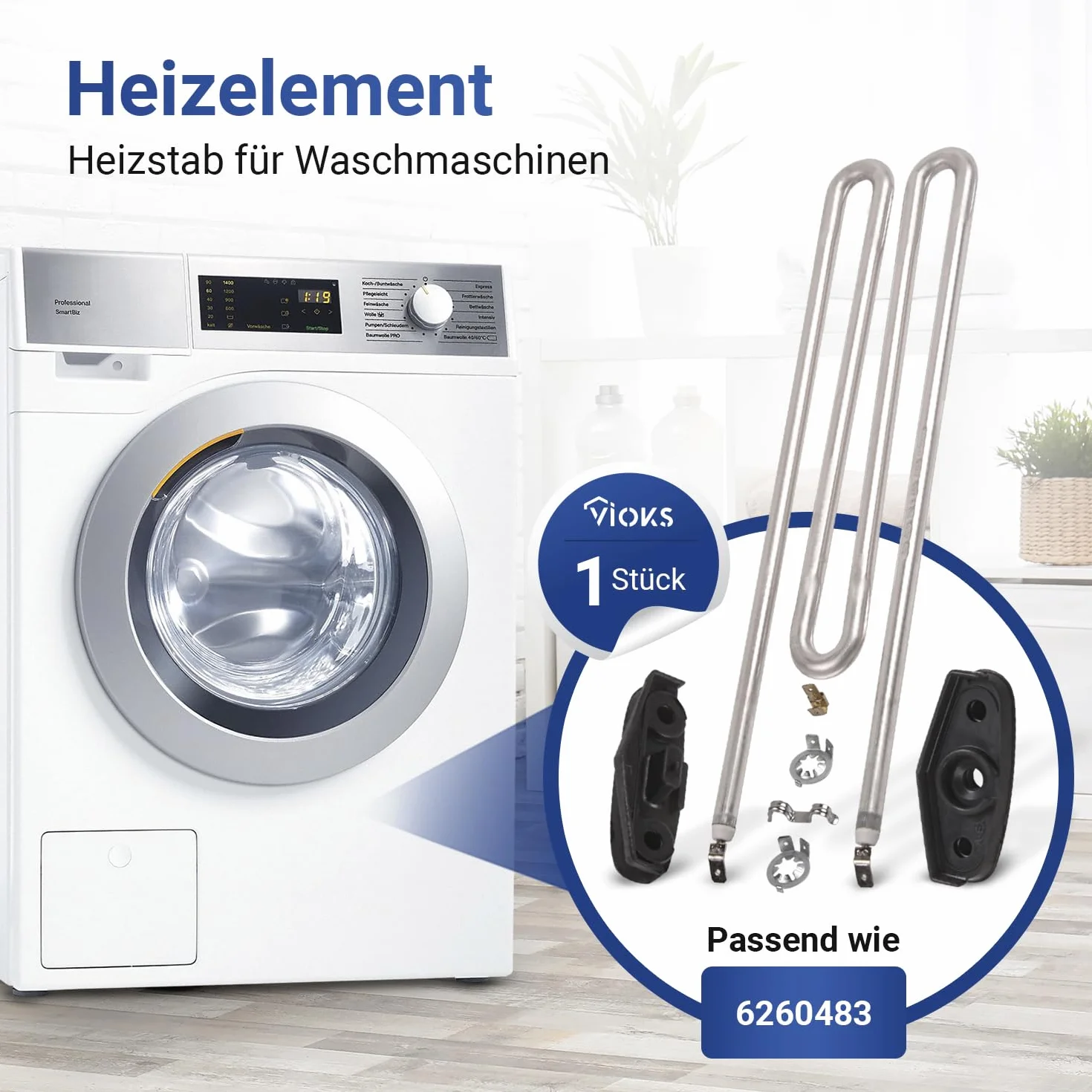 VIOKS Heizelement 230V 2100W Heizstab Ersatz für Мiele Heizstab 6260482 6260483 6260485 & Heizstab IRCA 4043769 - Heizung 230V Heizstab Ersatz für Waschmaschinen