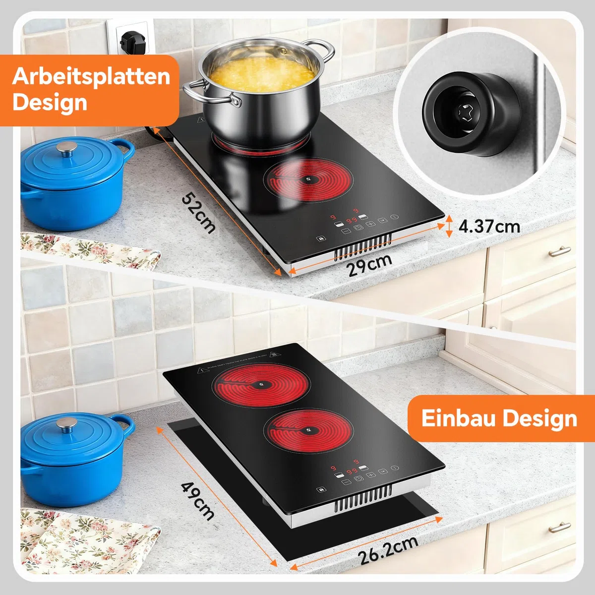 TopStrong Glaskeramikkochfeld 2 Platten 3000W Kochfeld mit Stecker, 2-in-1 Freistehend/Einbau-Design, 9 Heizstufen, Touch-Steuerung, Timer
