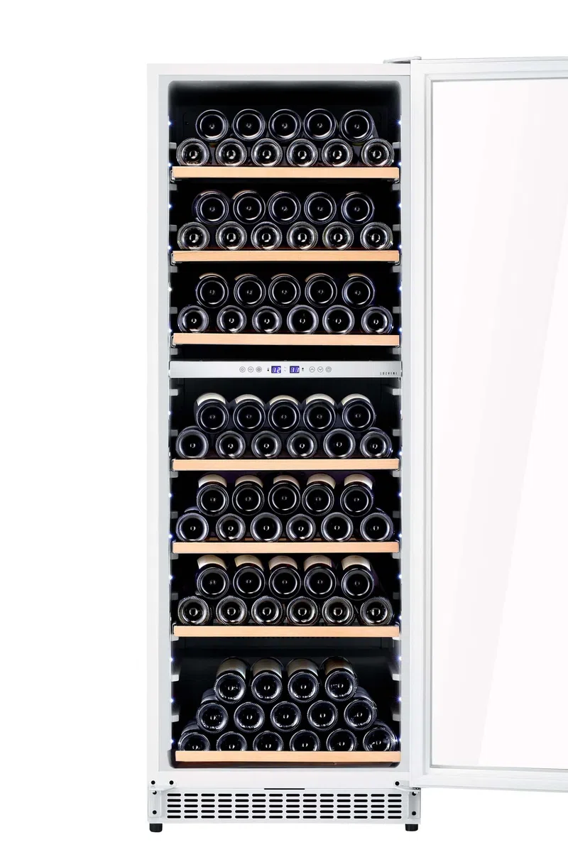 Große weiße LuzVini LV150W Einbau-Weinklimaschrank - Weinkühlschrank mit 2 Zonen - 150 Flaschen, Kompressorkühlung und ausschiebbare Regalen aus Buchenholz