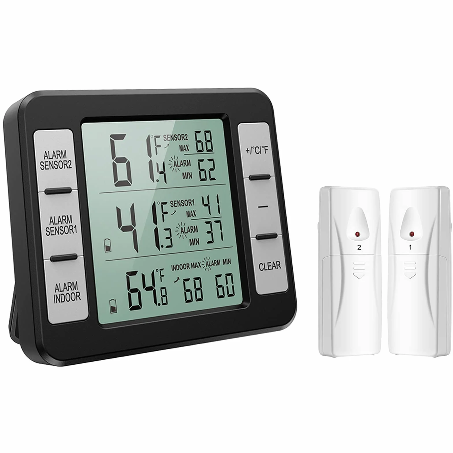 ORIA Kühlschrank Thermometer Gefrierschrank Thermometer, Kühlschrankthermometer Innen und Außen Thermometer mit 2 Sensoren, Temperatur Alarm, MIN/MAX, Temperaturtrendanzeige Pfeil - Schwarz