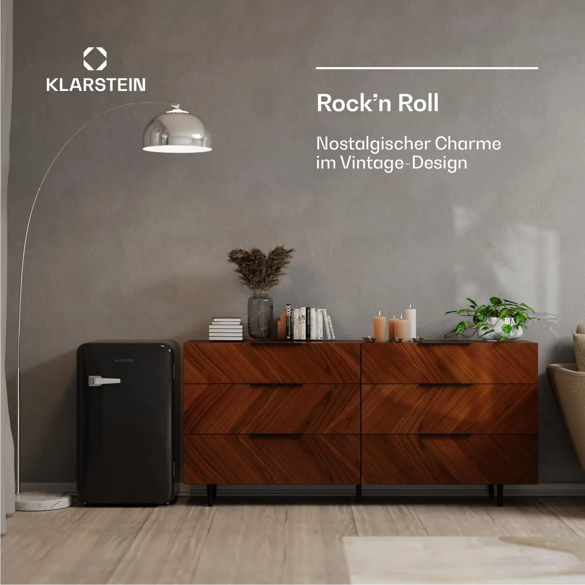 Klarstein Audrey Evo 90L Retro Mini Kühlschrank - Leise 40 dB, Kompakter Kühlschrank Klein mit Verstellbaren Füßen, Wendetür, Mechanischem Thermostat, Schwarz