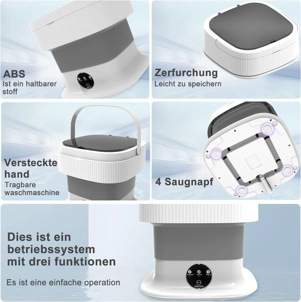 Faltbare Mini Waschmaschine 12L – Tragbare Kleine Mobile Waschmaschine mit 3 Waschmodi, Abflussrohr & Schleuderkorb – Kompakt, Leise & IPX4 Wasserdicht – für Reisen, Apartments & Camping (EU-Stecker)