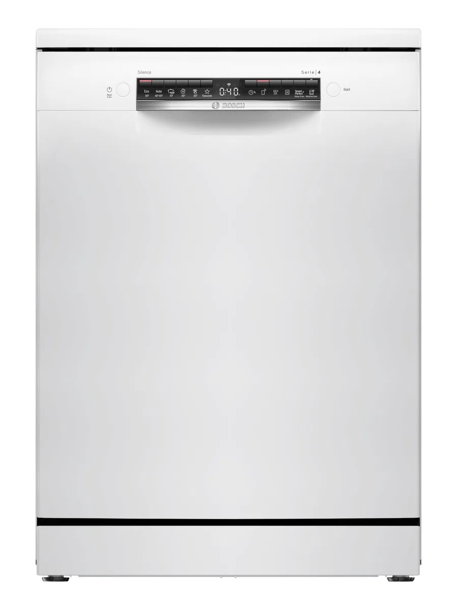 Bosch SMS4HTW16E Serie 4 Freistehender Geschirrspüler, 60 cm, Smart Start, 3-fach Rackmatik, Aquastop, Ferndiagnose, Extra Trocknen, Vario Besteckkorb, EcoSilence drive, Weiß