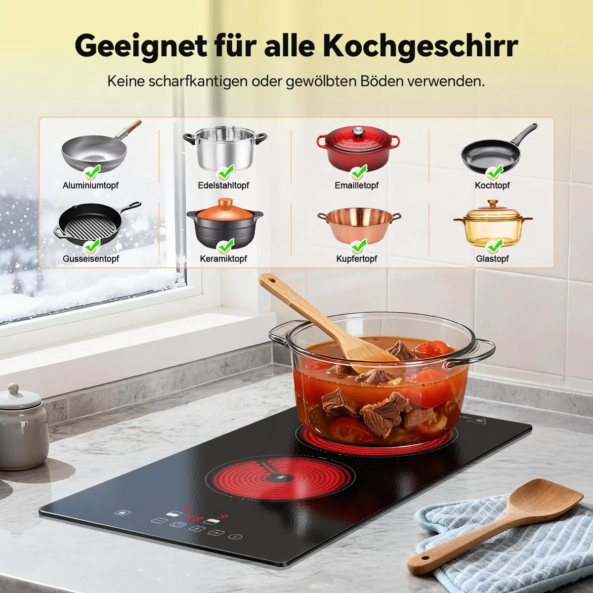 TopStrong Glaskeramikkochfeld 2 Platten 3000W Kochfeld mit Stecker, 2-in-1 Freistehend/Einbau-Design, 9 Heizstufen, Touch-Steuerung, Timer