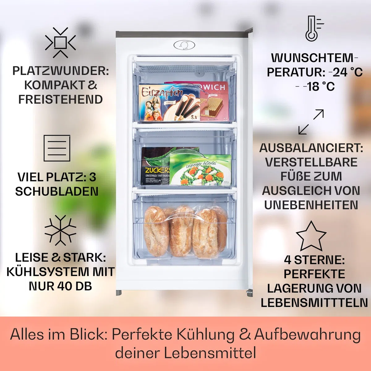 Klarstein Mini Gefrierschrank - Klein & Leise, Freistehend, 64L, Mit Eiswürfelform & Eisschaber, Effizient, Kompakter Tiefkühlschrank