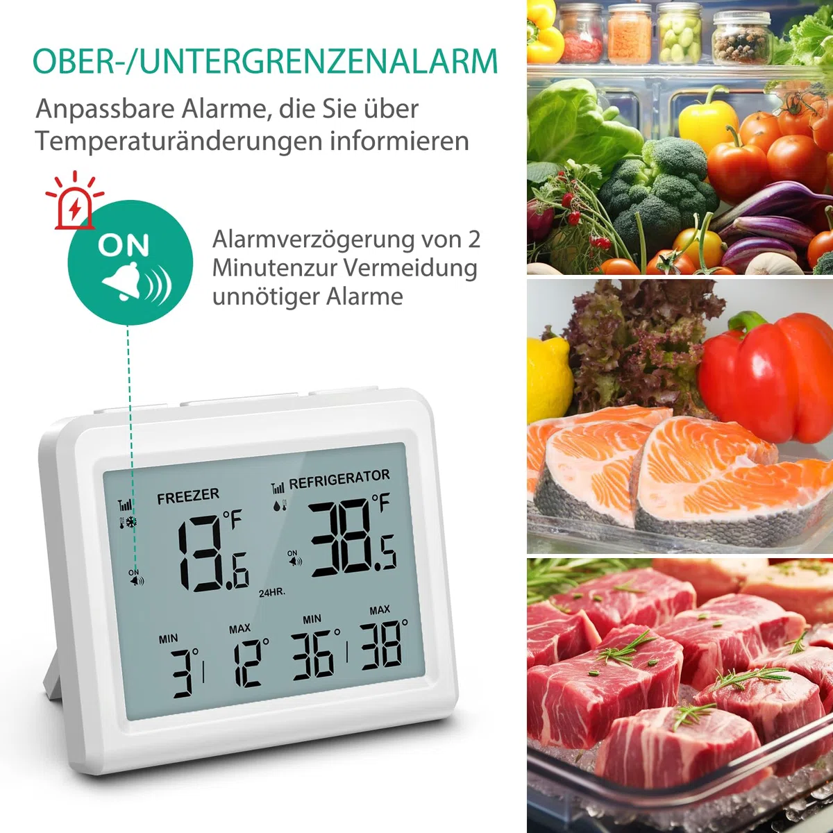 ORIA Digitales Kühlschrankthermometer, Gefrierschrank Refrigerator Thermometer mit 2 kabellosen Sensoren, 3,7" Bildschirm, 2 Alarmmodi (Symbol/Klang), ℃/℉, Min/Max-Wert, für Zuhause, Restaurants
