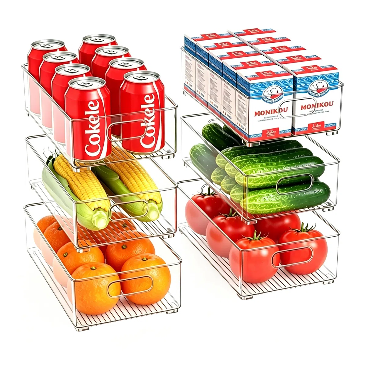 Famhap Kühlschrank Organizer Stapelbar 6 Stück | PET-Material, 3 Größen, Transparent Griffig, Rutschfest & Platzsparend für Küche Speisekammer Bad Büro
