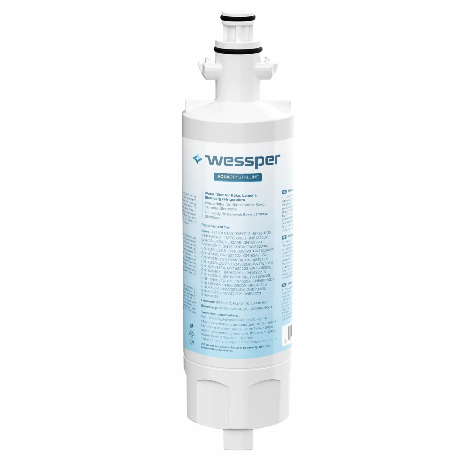 Wessper 2x 4874960100 Gefrier-Kühlschrank Wasserfilter Ersatz kompatibel mit Beko 4874960100 4394650100, 9256712, SBS4K; Blomberg IWD1004ET, KFD9952PXDUK; Grundig 487960000; Lamona LAM6100 HJA6110