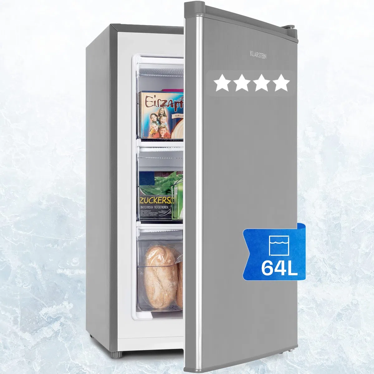 Klarstein Mini Gefrierschrank - Klein & Leise, Freistehend, 64L, Mit Eiswürfelform & Eisschaber, Effizient, Kompakter Tiefkühlschrank