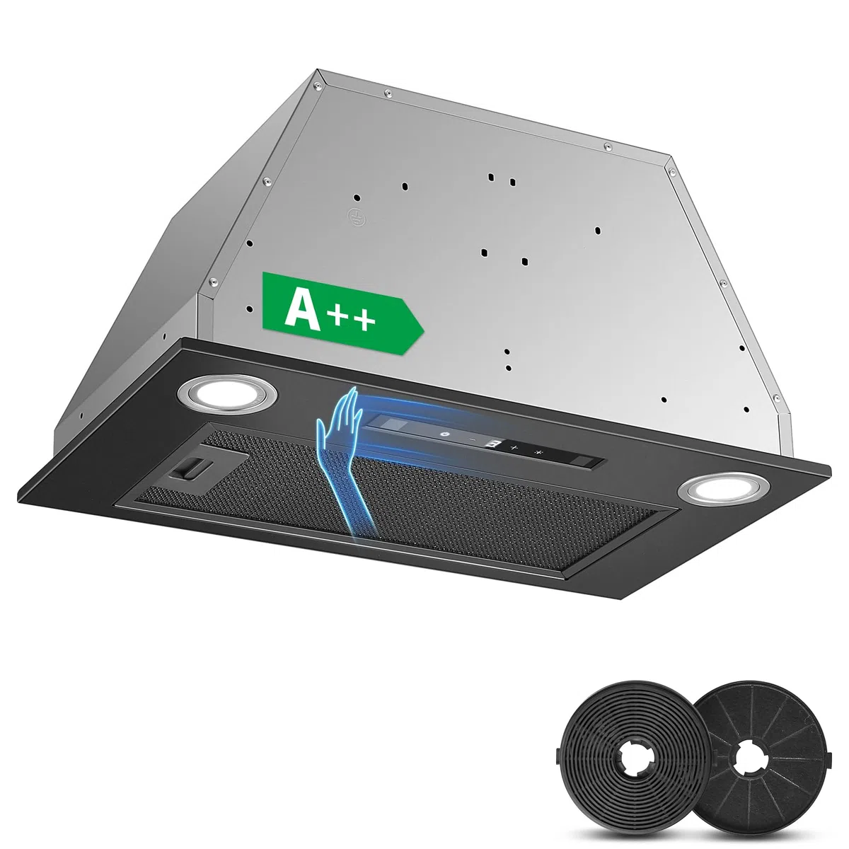 Dunstabzugshaube 52cm, 400m³/h, Dunstabzugshaube Abluft/Umluft, Schwarz Einbau Abzugshaube, Gestensteuerung, Touch, 3 Leistungsstufen und Booster, mit Aktivkohlefilter und Rauchrohr