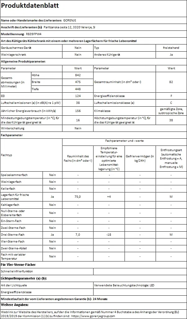 Gorenje RB 39 FPW4 Kühl-Gefrierkombination 82 Liter, 75 Liter Kühlteil, 7 Liter Gefrierteil, Gemüsefach, 156 kWh/a, weiß
