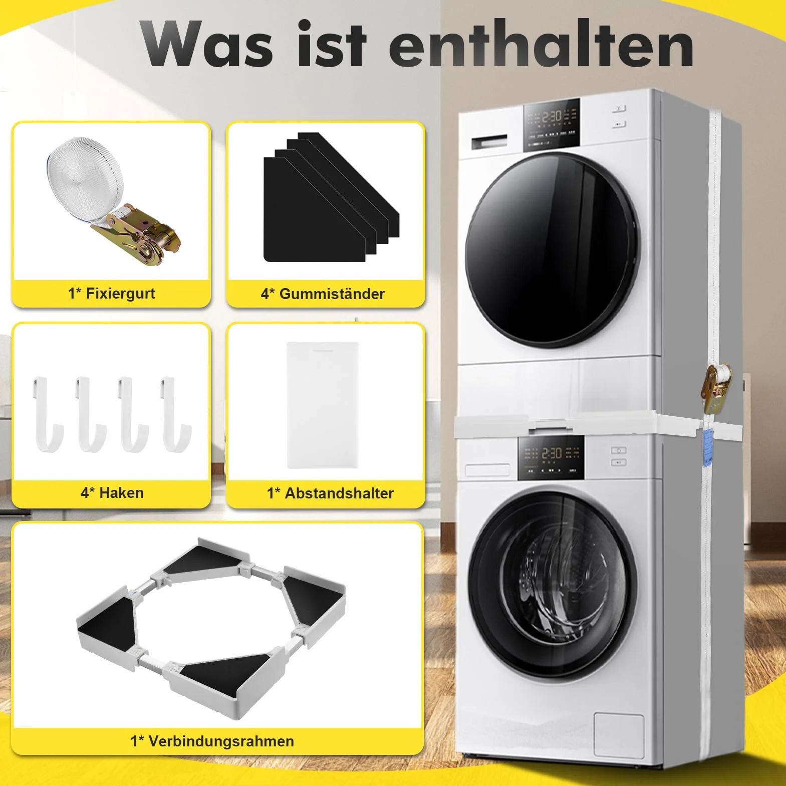 Verbindungsrahmen für Waschmaschine/Trockner,Universaler Zwischenbaurahmen,Zwischeneinbaurahmen Kit für 21-27in Waschmaschinen Trockner, Stapelbausatz mit Ratschenseil,Platz sparend