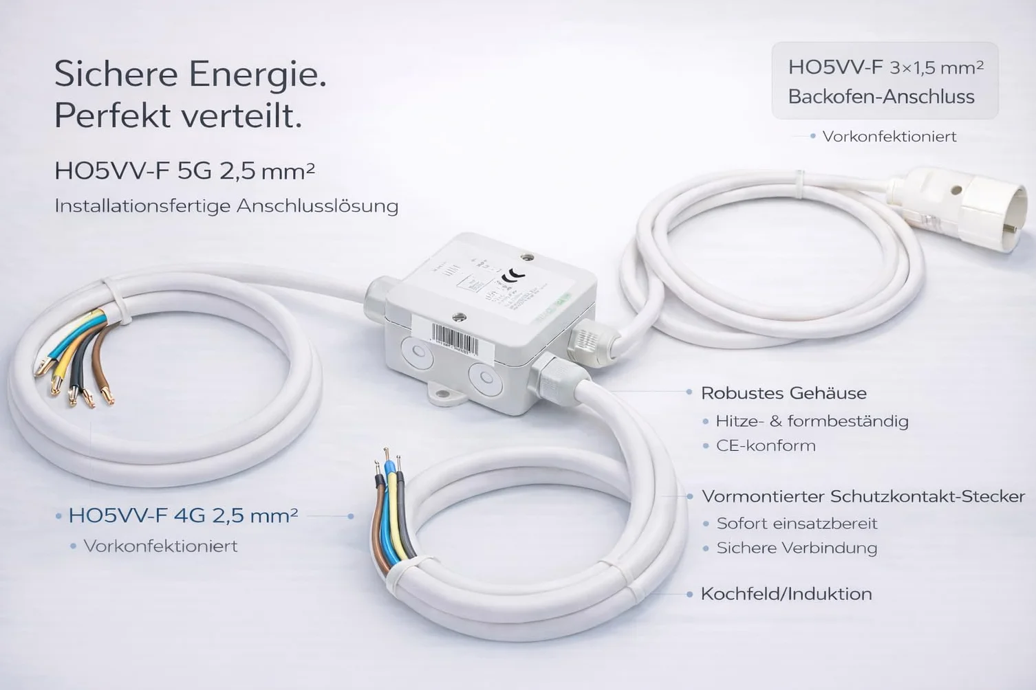 10 x Power Splitter 2m Herdverteiler Stromverteiler Küchenverteiler Küchen Anschluss Box Backofen Kochfeld Ceran Induktion Herd
