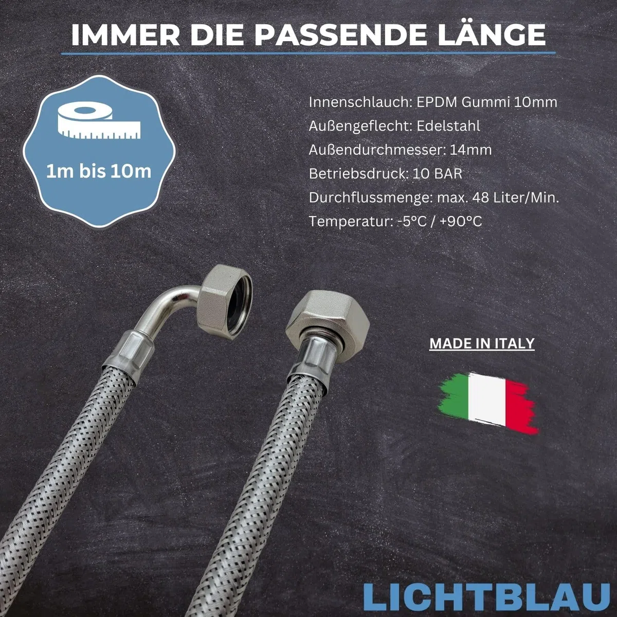 LICHTBLAU Knickfester Edelstahlschlauch Zulaufschlauch I 1m I 3/4 Zoll | Panzerschlauch für Waschmaschine & Geschirrspüler, Winkel/Gerade inkl. Dichtung