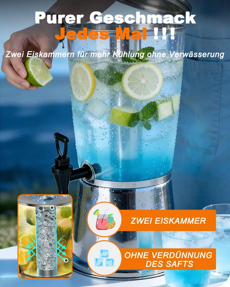 Biertower 8,0 Liter, Biersäule mit Zapfhahn und Ständer, Getränkespender mit Kühlung, für Limonade, Saft, Wasser, Getränke - Robuste Zapfsäule für Party, Grillen & Events Transparent/Silber