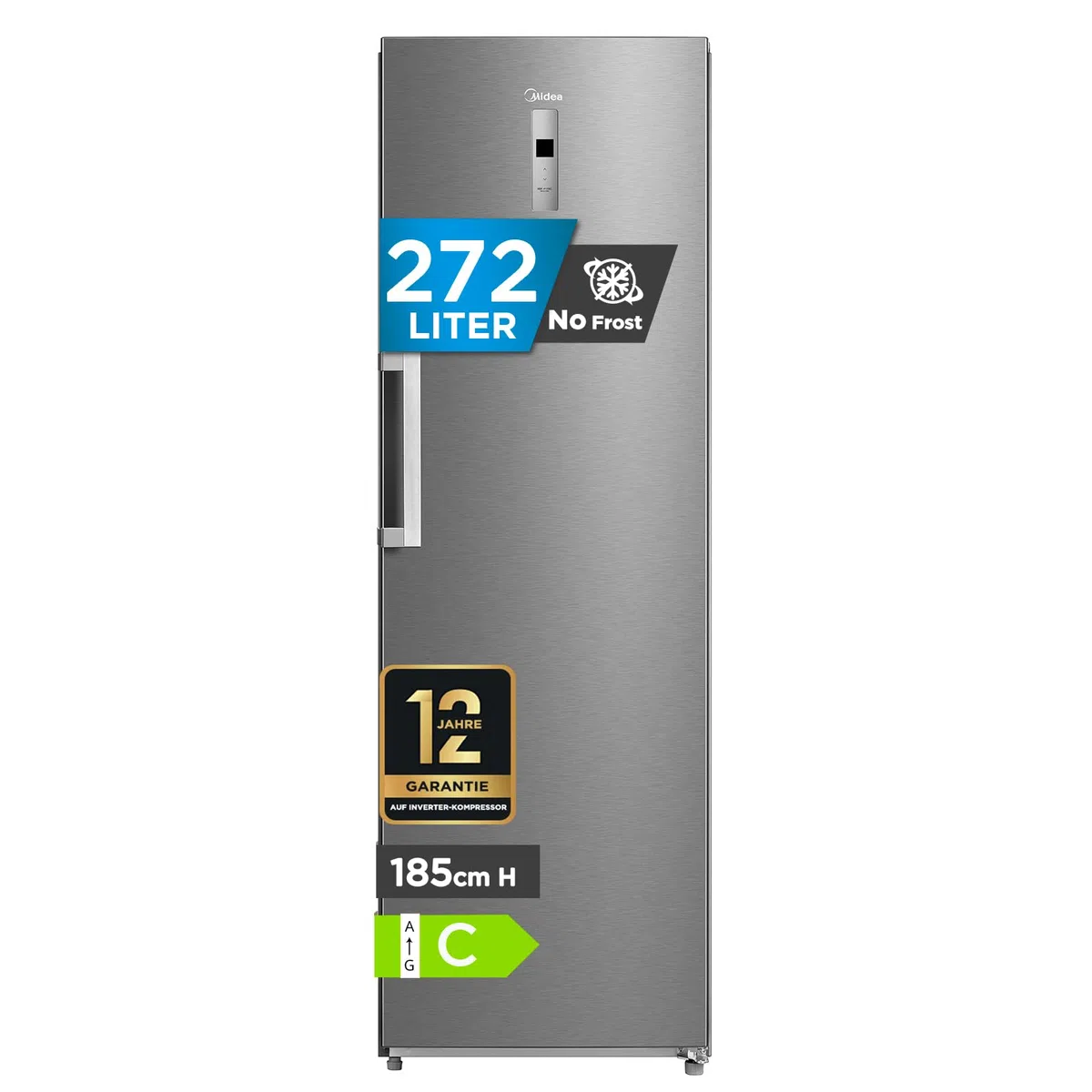 Midea Gefrierschrank & Kühlschrank in einem MDRU385MTC02 | 272L, 185 cm | Umschaltbarer Kühl- & Gefriermodus | NoFrost & Multi Air Flow | GMCC-Kompressor, 157 kWh/Jahr, Leise | Freistehend, Inox