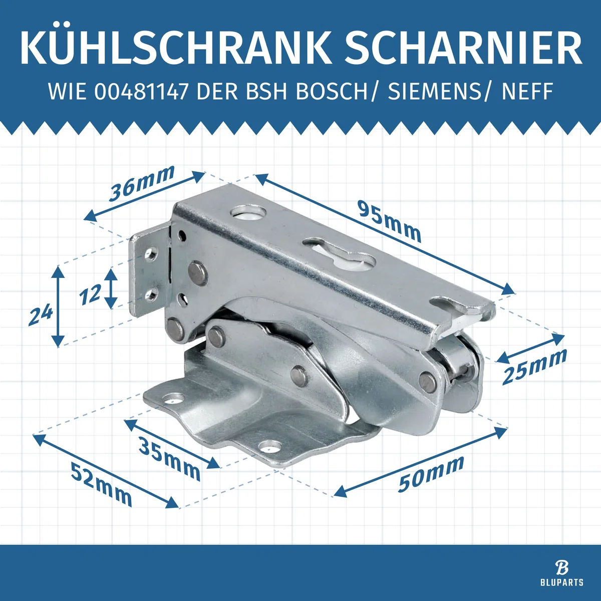 Kühlschrank Scharnier Türscharnier passend für Bosch/Siemens 00481147/481147- Flachscharnier Schleppscharnier kompatibel mit Neff, Miele, Constructa, AEG