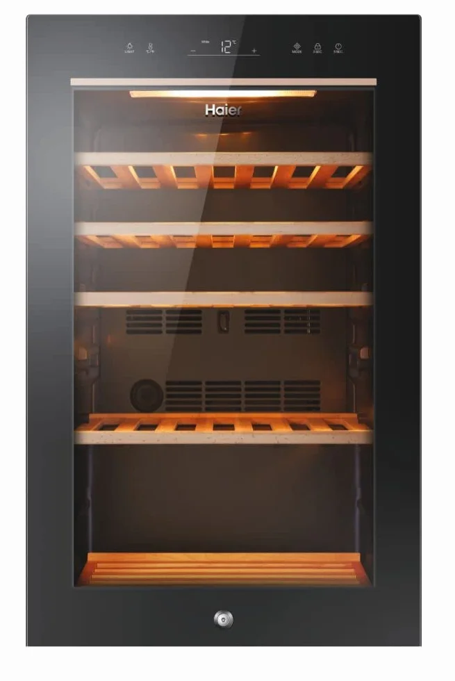 Haier HWS49GA Weinkühlschrank / 49 Flaschen / 82 cm Höhe / 1 Zone/hOn-App/UV-undurchlässige Glastür / 4 Holzablagen / 3D-LED Beleuchtsystem/Vibrationsarmer Kompressor, Schwarz