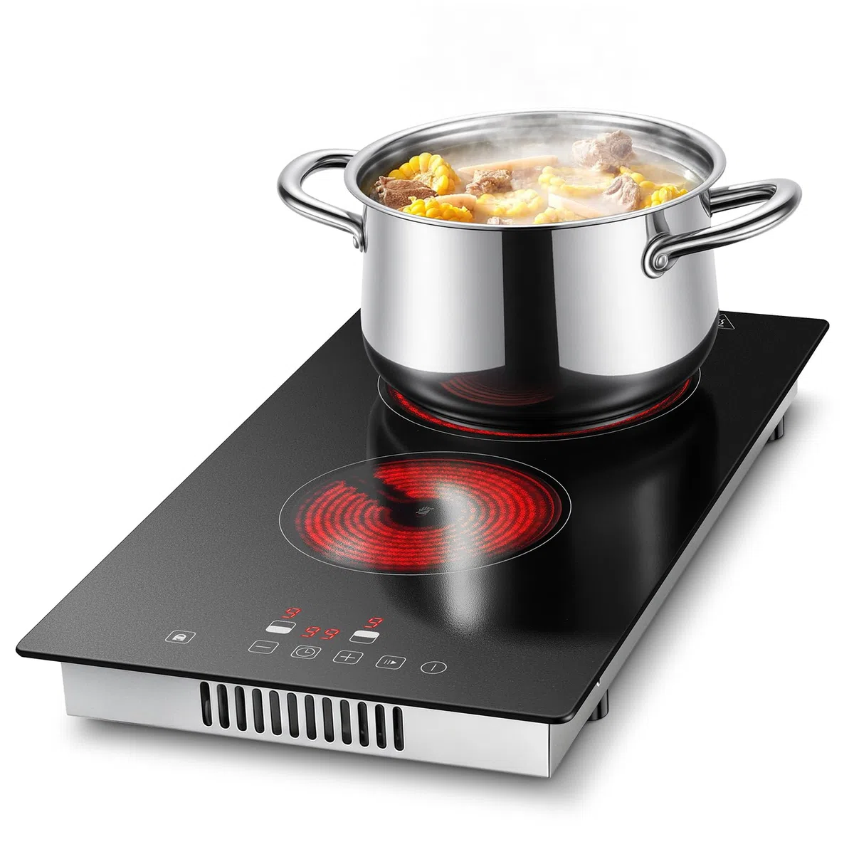TopStrong Glaskeramikkochfeld 2 Platten 3000W Kochfeld mit Stecker, 2-in-1 Freistehend/Einbau-Design, 9 Heizstufen, Touch-Steuerung, Timer
