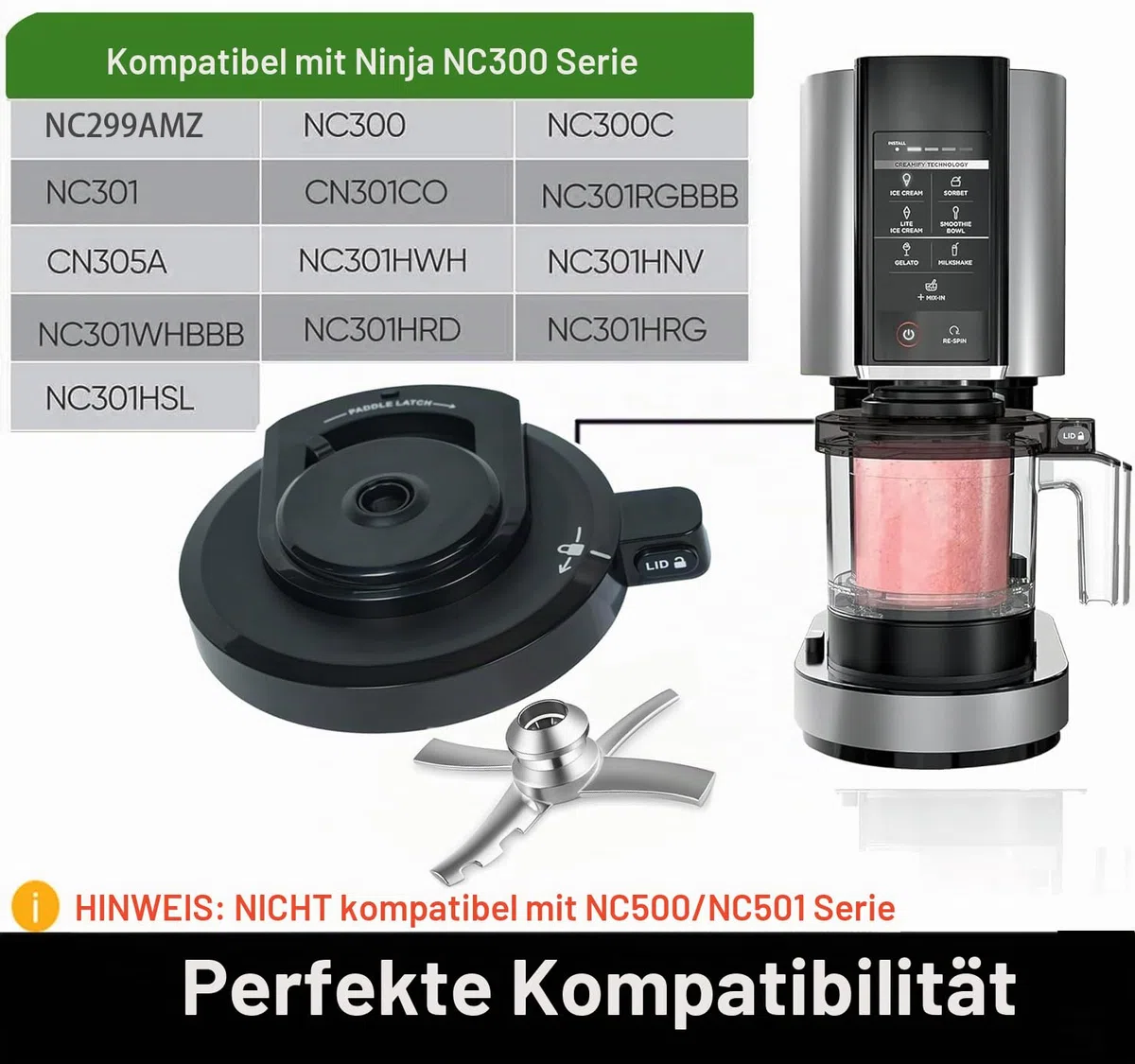 Äußerer Schüsseldeckel mit Paddel, kompatibel mit Ninja NC301 NC300 Serie, wiederverwendbarer BPA-freier Ersatzdeckel, Creami-Zubehör passend für NC299AMZ/NC301/NC300/NC201/NC101 Serie