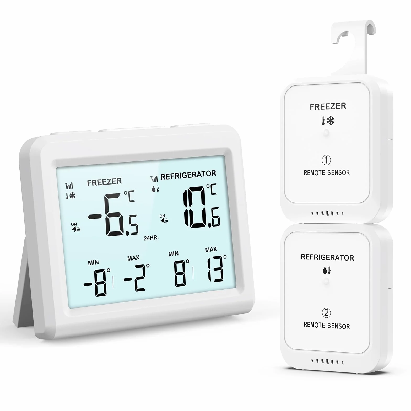ORIA Digitales Kühlschrankthermometer, Gefrierschrank Refrigerator Thermometer mit 2 kabellosen Sensoren, 3,7" Bildschirm, 2 Alarmmodi (Symbol/Klang), ℃/℉, Min/Max-Wert, für Zuhause, Restaurants