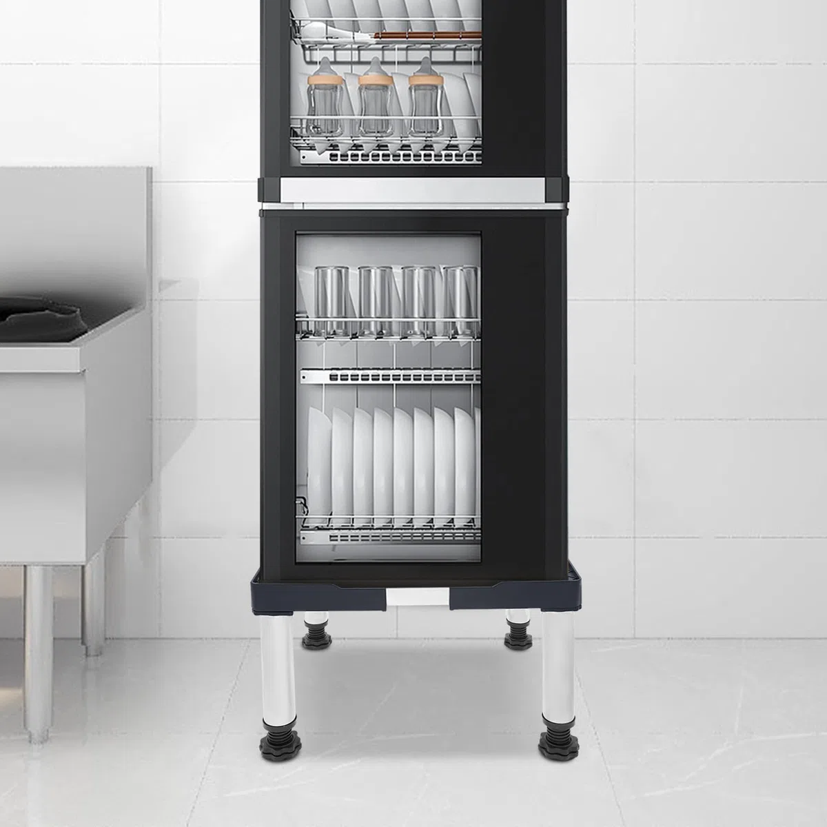 Waschmaschinen Untergestell waschmaschinensockel Verstellbar 42-65cm Breite, 29-31cm Höhe, Bärenlast 150kg, Rutschfest für Waschmaschine, Kühlschrank, Trockner, Gefrierschrank erhöhung (Grau)