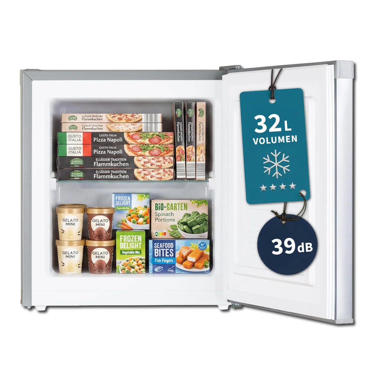 Mini Gefrierschrank 32 L, Glasablage, 4-Sterne-Gefrierbox bis -18 °C, kompakter Tiefkühlschrank, leise 39 dB, manuelle Temperaturregelung, freistehend, Silber