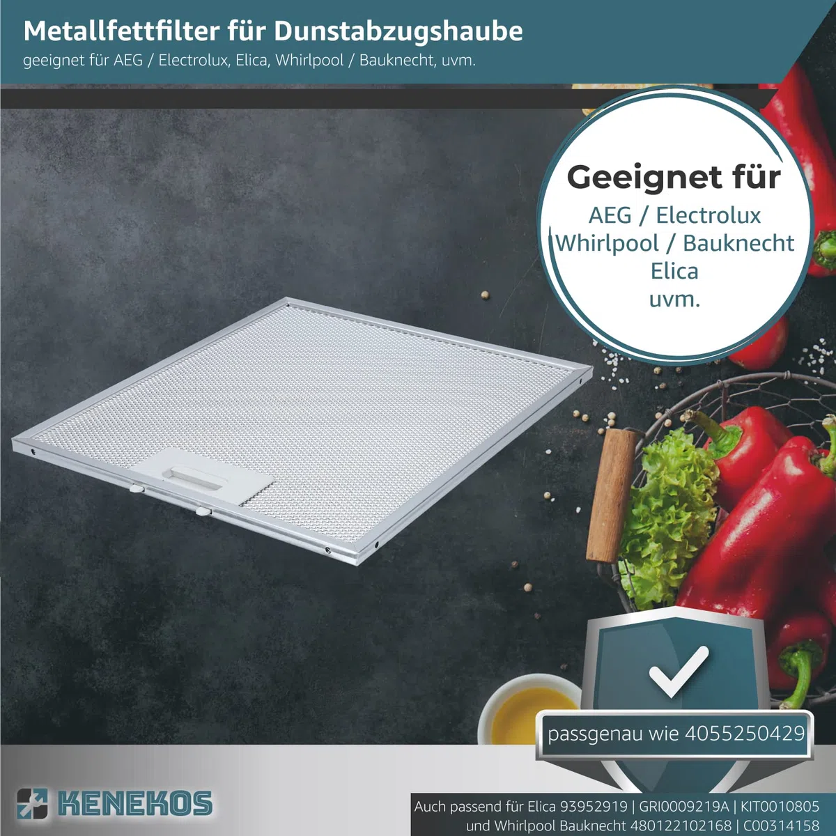 Kenekos - 2x Metallfettfilter für Dunstabzugshaube 305 x 267 mm geeignet für AEG 405525042-9 4055250429, Elica 93952919 GRI0009219A, KIT0010805 Whirlpool C00314158 ARI314158