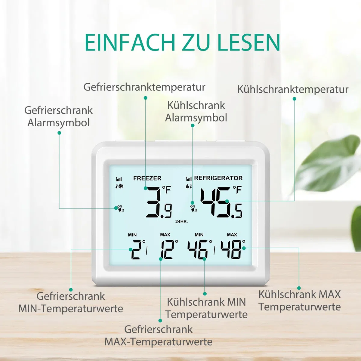 ORIA Digitales Kühlschrankthermometer, Gefrierschrank Refrigerator Thermometer mit 2 kabellosen Sensoren, 3,7" Bildschirm, 2 Alarmmodi (Symbol/Klang), ℃/℉, Min/Max-Wert, für Zuhause, Restaurants