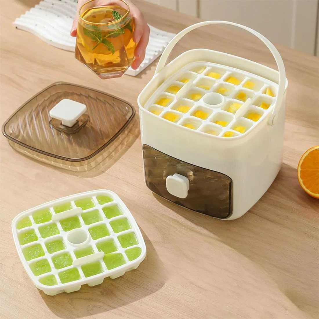 2026 Neu Clear Ice Maker, Tragbarer Eisbereiter mit Deckel und Aufbewahrungsbox 48 Eiswürfel, Eiswürfelbehälter, Ice Cube Tray, Eiswürfelentnahme per Knopfdruck, Eis Immer Griffbereit(B)