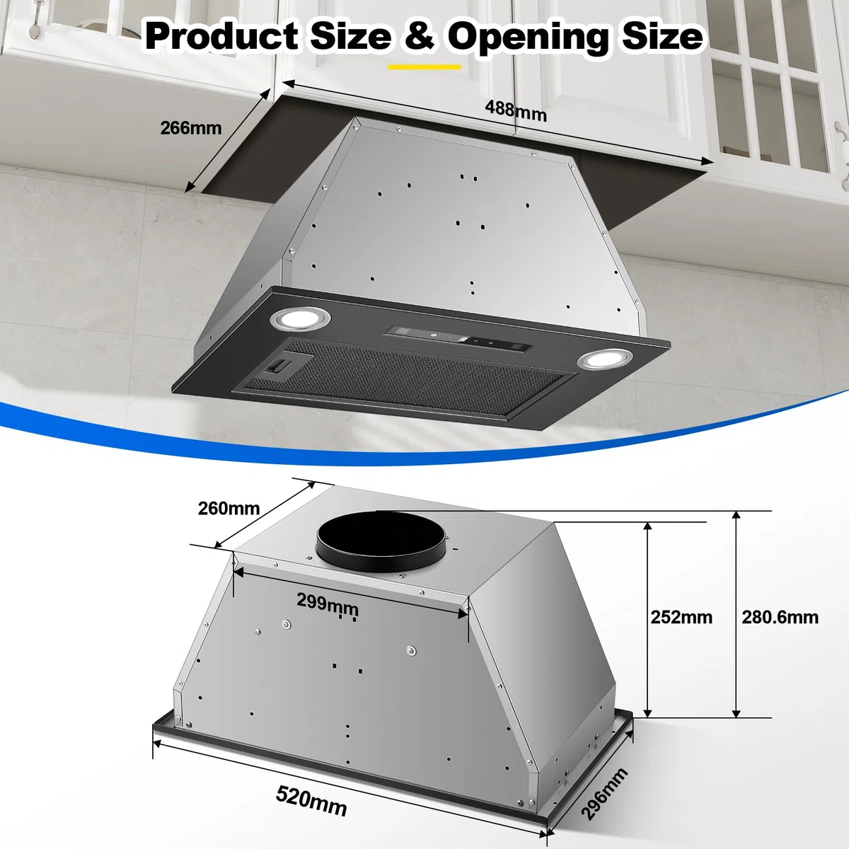 Dunstabzugshaube 52cm, 400m³/h, Dunstabzugshaube Abluft/Umluft, Schwarz Einbau Abzugshaube, Gestensteuerung, Touch, 3 Leistungsstufen und Booster, mit Aktivkohlefilter und Rauchrohr