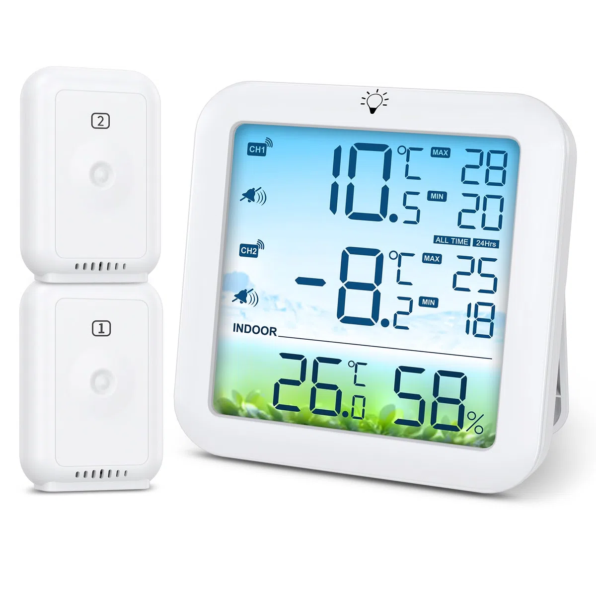 Brifit Kühlschrankthermometer, Gefrierschrank Thermometer mit 2 Sensoren, Digitales Farbdisplay-Thermometer mit Alarm, ℃/℉ Schalter, MIN/MAX, Weiße Hintergrundbeleuchtung für Küche, Restaurants