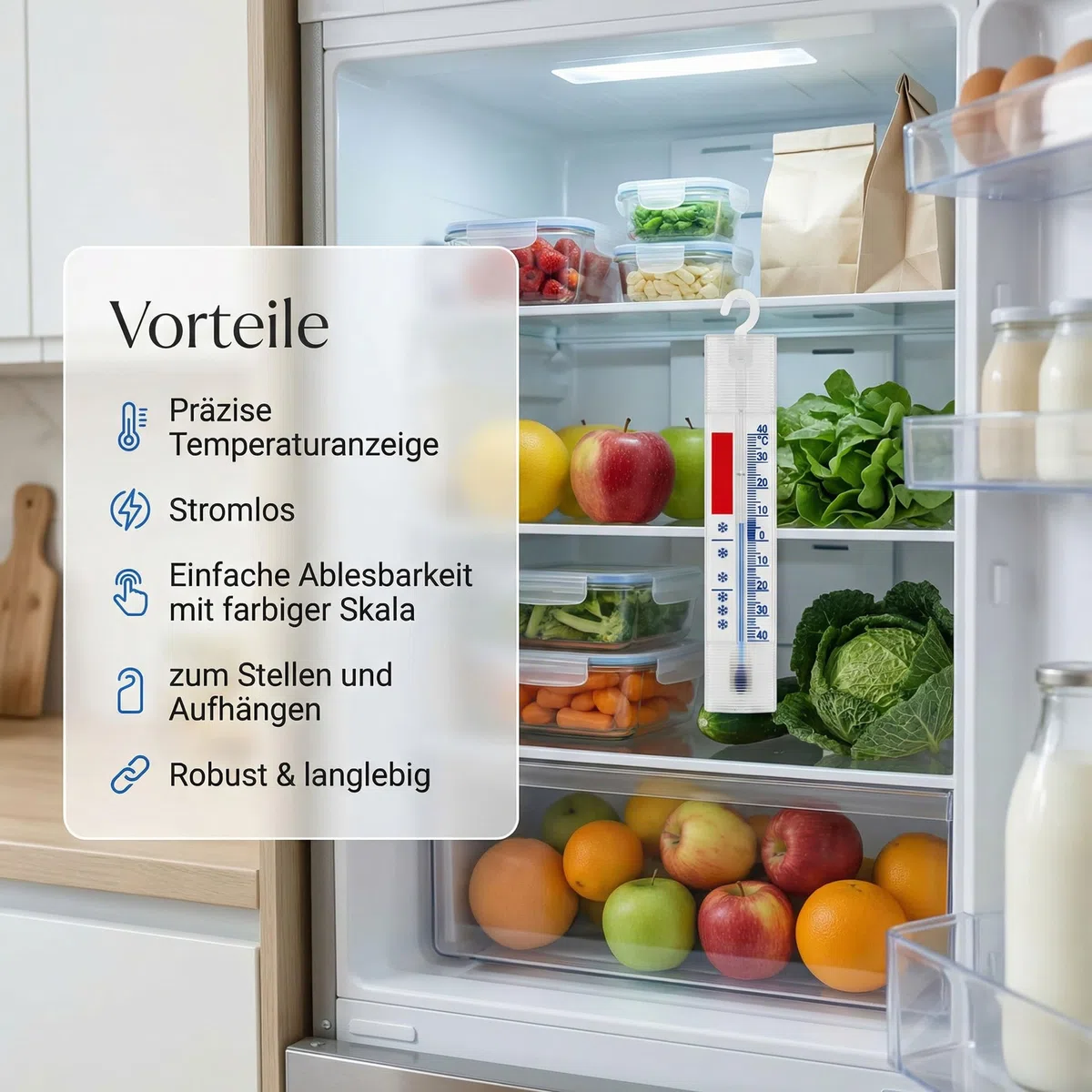 Lantelme 5 Stück Kühlschrankthermometer Set Temperatur + - 40°C Analog | Thermometer mit Haken zum Aufhängen | Für Gefrierschrank Kühltheke und Gefriertruhe | Deutsche Herstellung