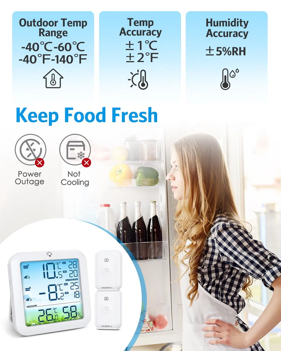 Brifit Kühlschrankthermometer, Gefrierschrank Thermometer mit 2 Sensoren, Digitales Farbdisplay-Thermometer mit Alarm, ℃/℉ Schalter, MIN/MAX, Weiße Hintergrundbeleuchtung für Küche, Restaurants