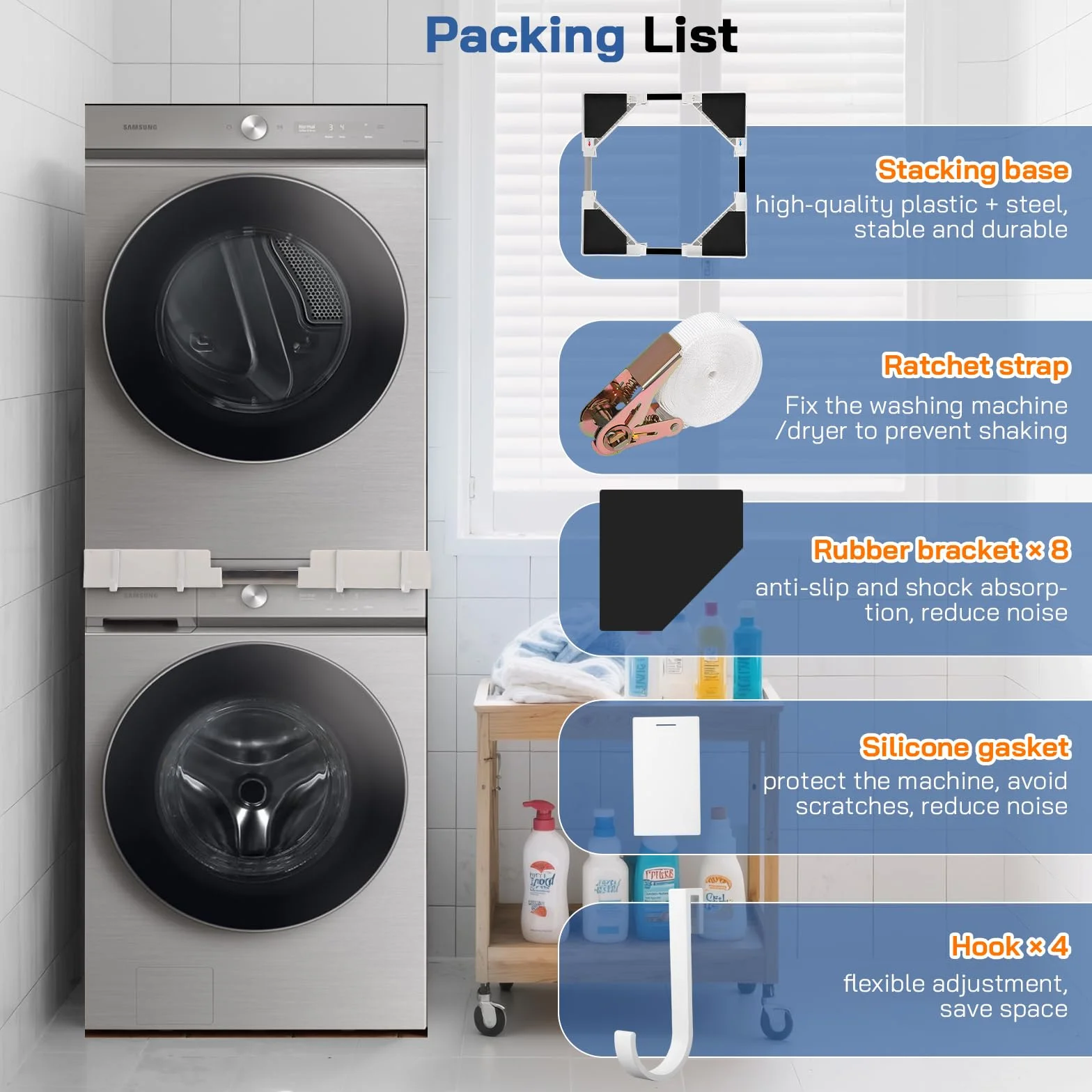 Universal Verbindungsrahmen Set für Waschmaschine und Trockner (46-68cm) - Stapelbausatz mit Ratschenseil & verstellbarem Zwischeneinbaurahmen - Platzsparende Waschturm-Lösung für Waschküche