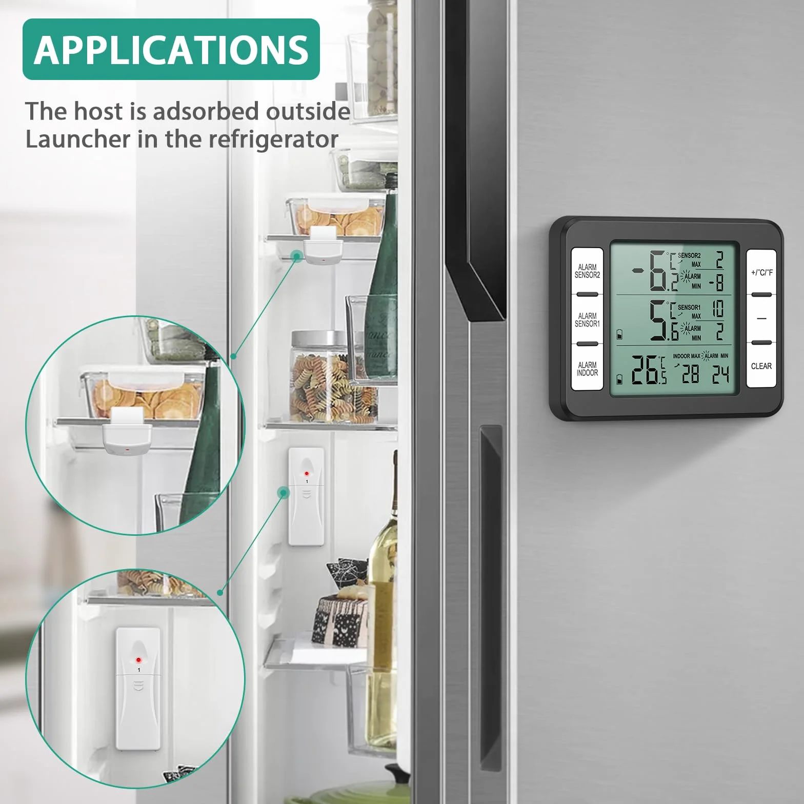 ORIA Kühlschrank Thermometer Gefrierschrank Thermometer, Kühlschrankthermometer Innen und Außen Thermometer mit 2 Sensoren, Temperatur Alarm, MIN/MAX, Temperaturtrendanzeige Pfeil - Schwarz