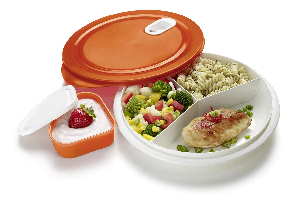 Rotho XL Clever Mikrowellenteller 1.2l mit Deckel und Unterteilung, Kunststoff (PP) BPA-frei, weiss/rot, 1.2l (26.0 x 26.0 x 4.8 cm) (Packung mit 2)