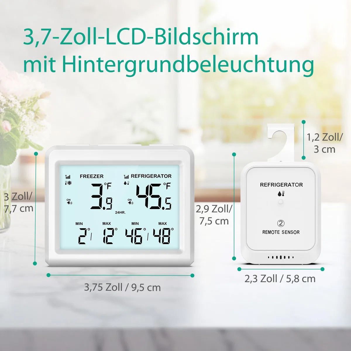 ORIA Digitales Kühlschrankthermometer, Gefrierschrank Refrigerator Thermometer mit 2 kabellosen Sensoren, 3,7" Bildschirm, 2 Alarmmodi (Symbol/Klang), ℃/℉, Min/Max-Wert, für Zuhause, Restaurants