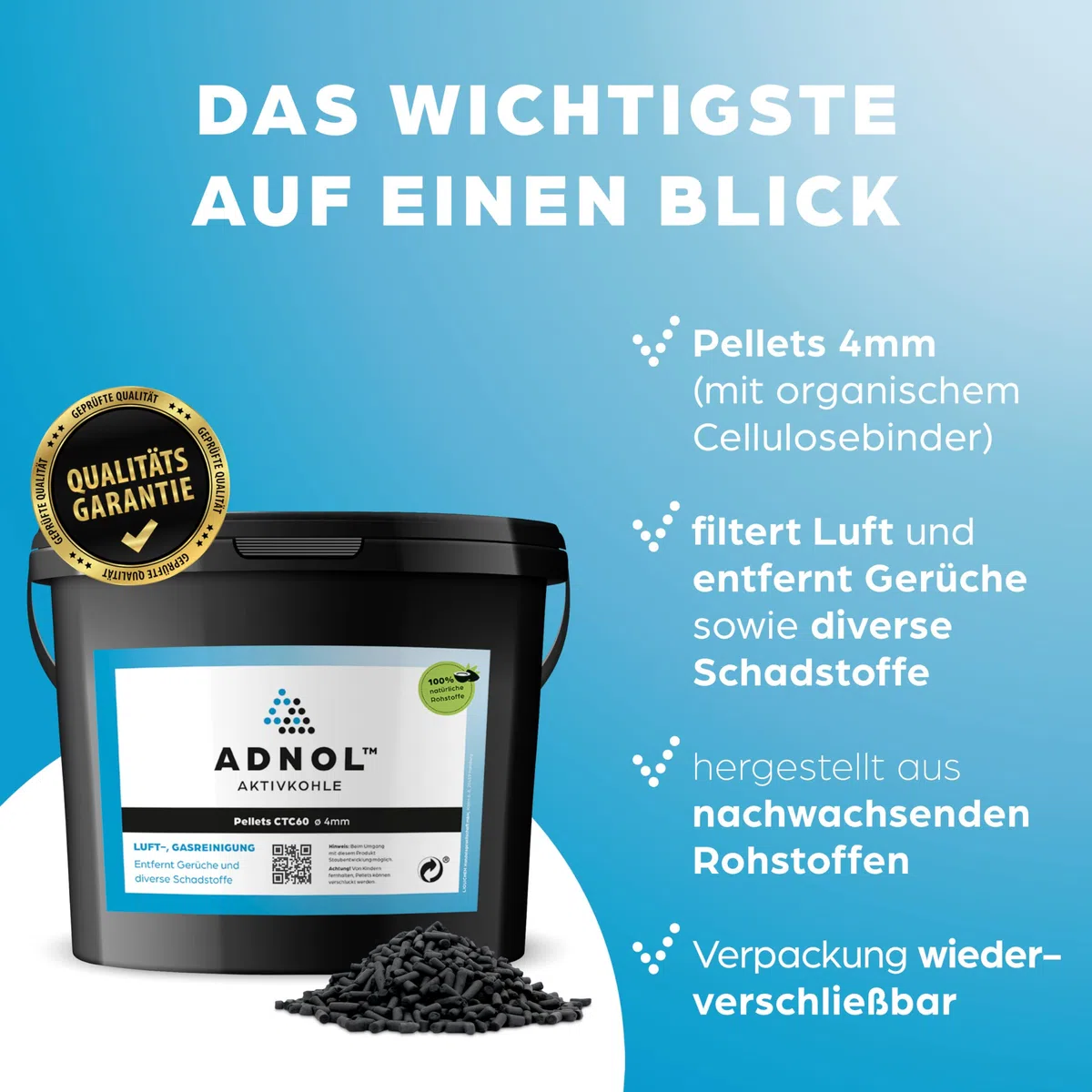 Aktivkohle Pellets 5 Liter aus Kokosnussschalen für Luftreinigung sowie Gasreinigung z.B. für Dunstabzugshauben, CTC60, Durchmesser 4mm, Energieklasse A, als Carbon Filter verwendbar