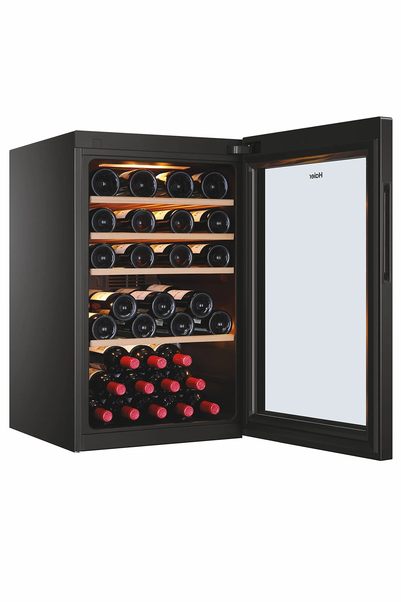 Haier HWS49GA Weinkühlschrank / 49 Flaschen / 82 cm Höhe / 1 Zone/hOn-App/UV-undurchlässige Glastür / 4 Holzablagen / 3D-LED Beleuchtsystem/Vibrationsarmer Kompressor, Schwarz