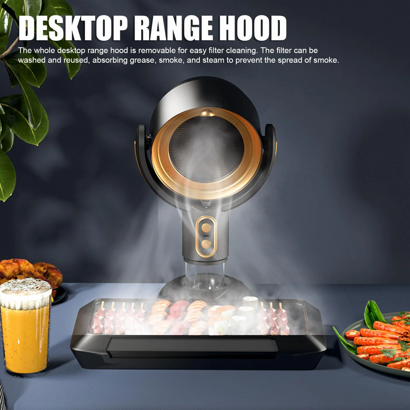 Tragbare Dunstabzugshaube, Desktop-Dunstabzugshaube mit 2-Gang-Abluftventilator, Küchenabluftventilator, Wiederaufladbar über USB, Lange Lebensdauer, Ideal für Grill-Hot Pots Im