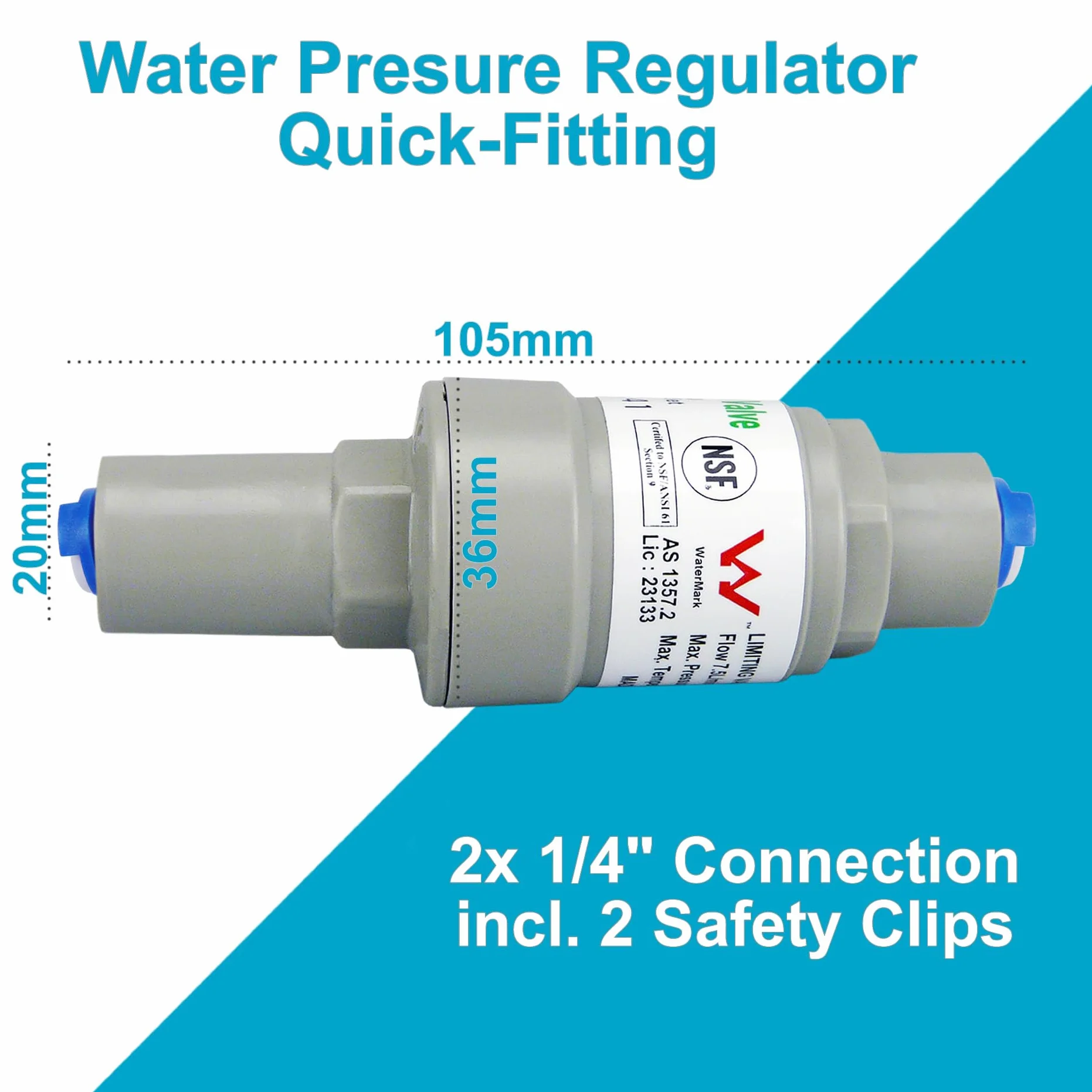 smardy Druckregler 2,75 bar für 1/4"-Wasserschlauch (6,35 mm) – Druckminderer mit Quick-Fitting für Osmoseanlage, Side-by-Side-Kühlschrank, Wasserspender & Wasserfilter – schützt vor Leitungsbruch